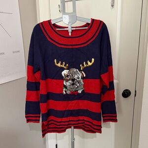 Striped Sweater with Sequin Bulldog and Antlers XL (16-18)